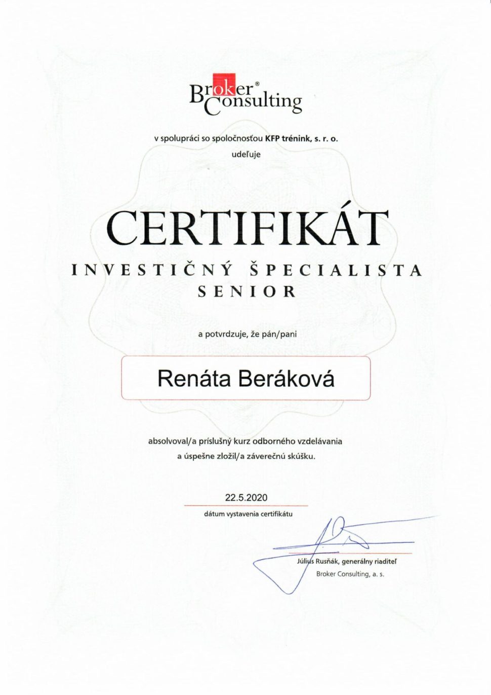 Renáta Beráková, certifikát investičný špecialista senior