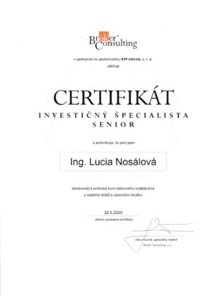Lucia Nosálová, certifikát Investičný špecialista senior
