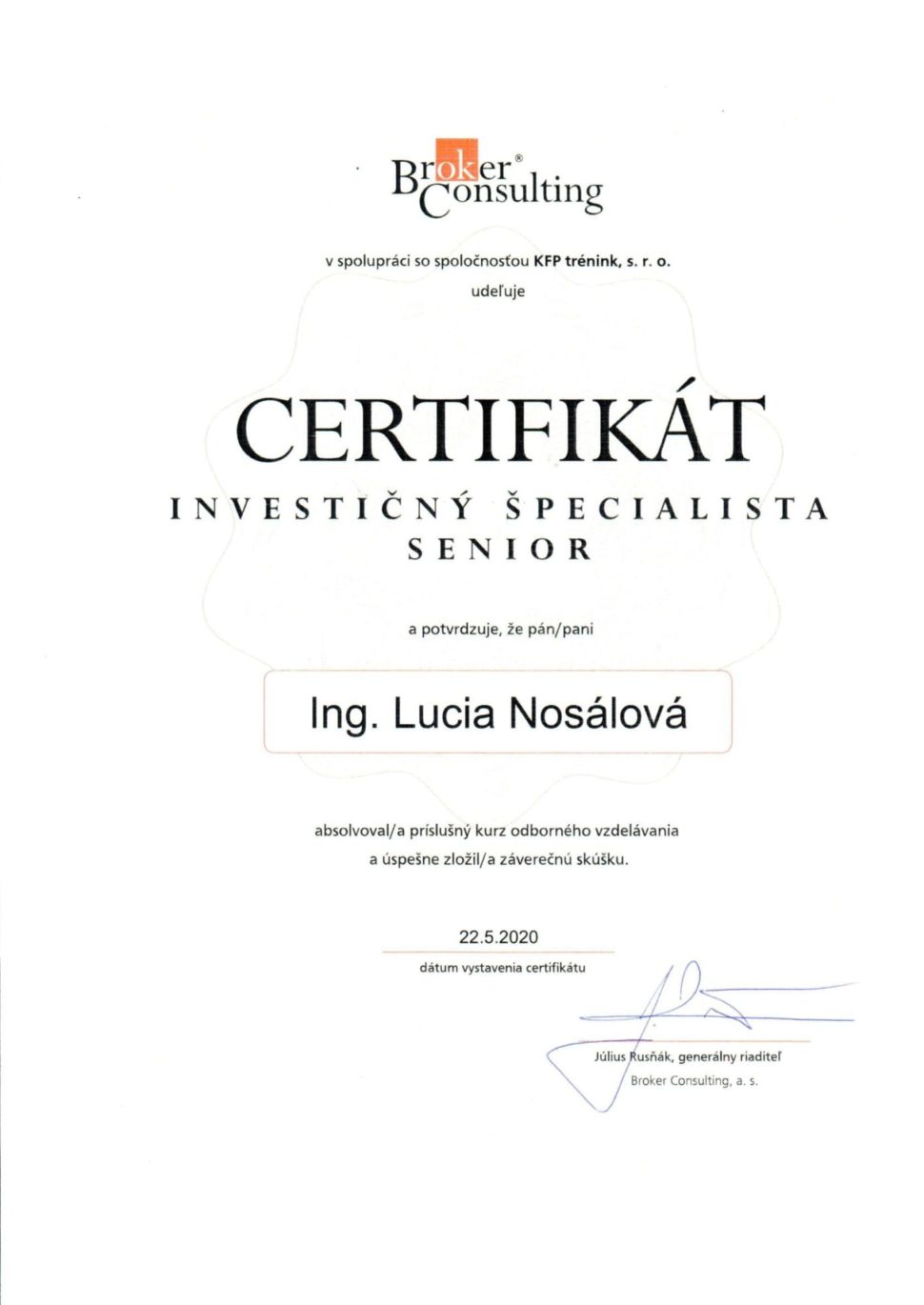 Lucia Nosálová, certifikát Investičný špecialista senior